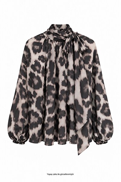 elif teke Chiffon Blouse with Built-In Scarf Brown