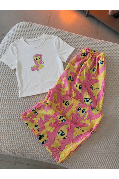 BALİNA Sarı My Little Pony Fluttershy Desenli Şık Crop Alt Üst Takım