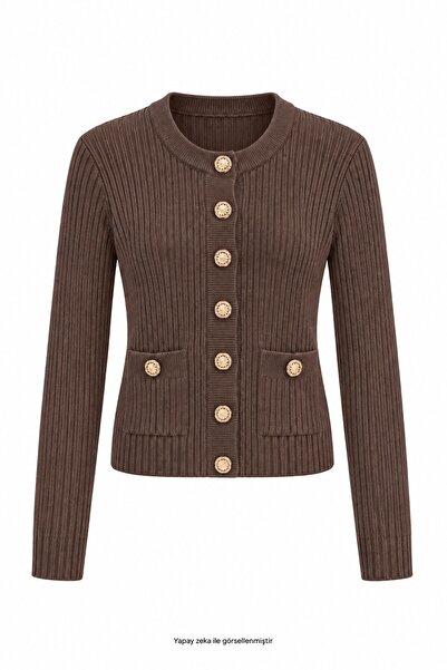 elif teke Pocketed Sparkle Buttoned Knitwear Brown
