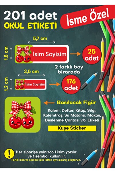 Okul Etiketi Kişiye Özel Okul Etiketi Kalem Defter Etiketi İsimli Sticker İsme Özel Okul Etiketi kiraz