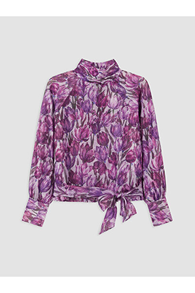 LC Waikiki Vizyon New Season Purple Stand Collar Floral Tie-Up Blouse