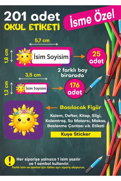 Okul Etiketi Kişiye Özel Okul Etiketi Kalem Defter Etiketi İsimli Sticker İsme Özel Okul Etiketi Güneş