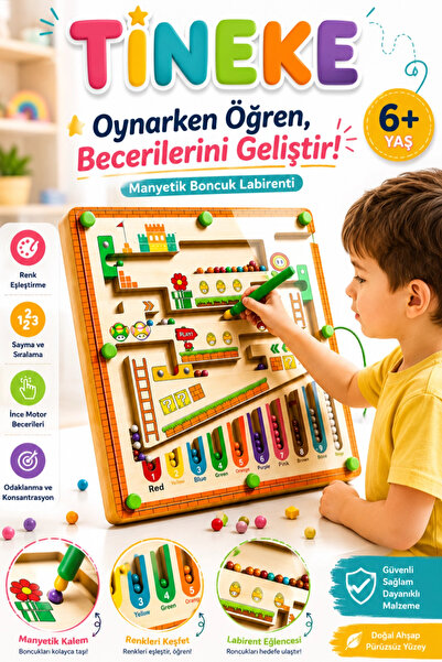 TİNEKE Manyetik Boncuk Labirenti Eğitici Oyuncak Renk Eşleştirme, Sayma ve İn...
