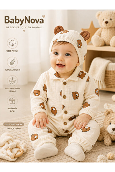 babyist BabyNova %100 Pamuk Ayıcık Desenli Müslin Bebek Tulum ve Şapka Takımı...