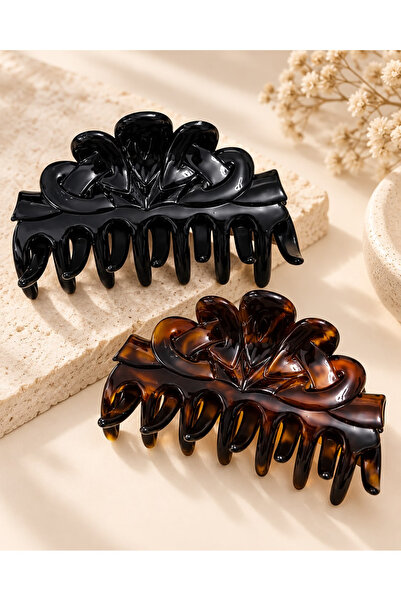 İnDerin Flower Detailed Acrylic 9 cm Hair Clips Set of 2 – Black and Brown