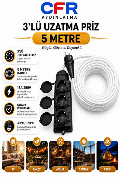 CFR LED AYDINLATMA 3'lü Seyyar Uzatma Kablolu Grup Priz Kauçuk 3x2,5 TTR 2-3-...