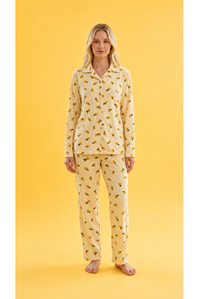 MORKUTU Kadın Desenli Düğmeli Süet Pijama Takımı