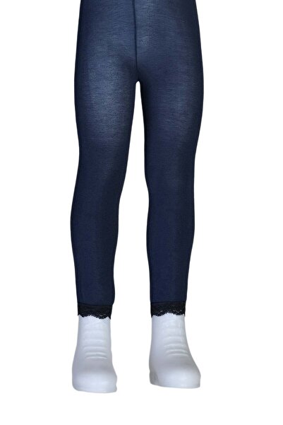 Dore Çorap Girl's Cotton Leggings with Lace at the Ankle - Navy Blue