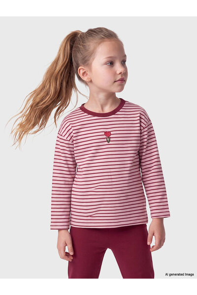 LC Waikiki LCW Kids Pembe Bisiklet Yaka Çizgili Kız Çocuk Takım Nakış Detaylı