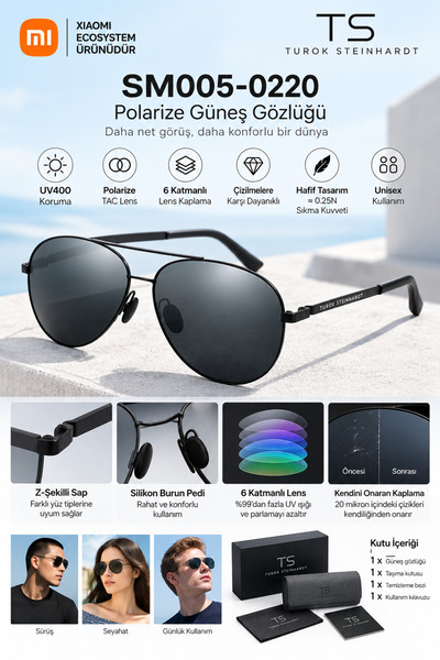 Xiaomi TS Polarize Güneş Gözlüğü TAC Lens Pilot Aviator Style UV400 Metal Çer...
