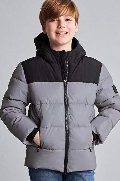 DeFacto Waterproof Hooded Faux Leather Regular Fit Zippered Puffer Coat for B...