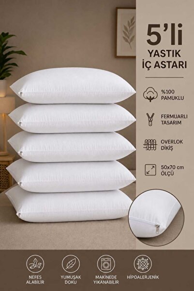5 Adet Pamuklu Yastık İç Kılıfı 50x70 cm Fermuarlı Beyaz Yastık İç Astarı Overlok Dikiş Otel/Ev