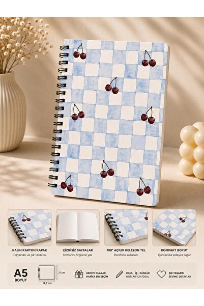 ÖZ KIRTASİYE Kare Kirazlar Desenli A5 Çizgisiz Defter