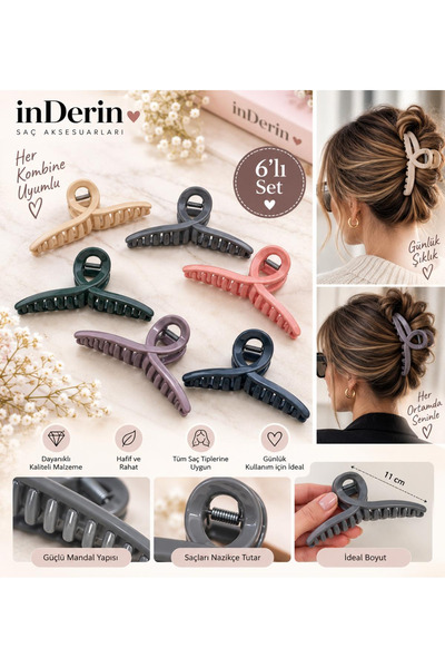 İnDerin Set of 6 Large Size Hair Clips – Women's Hair Clips for Daily Use