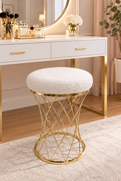 MervishDecor Gold Nikelajlı Beyaz Peluş Puf Tabure – Yuvarlak Makyaj Masası v...