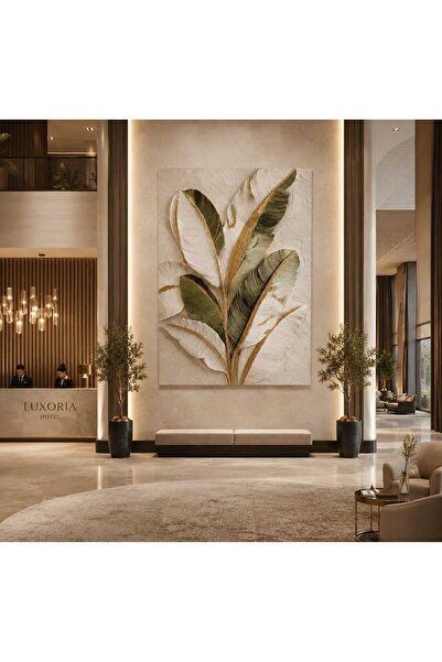 Modern Altın Detaylı Botanik Yeşil Krem Gold Yaprak Kanvas Tablo