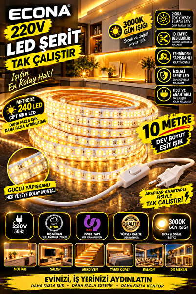ECONA 10 METRE günışığı 3000K- 220V LED Şerit ,Tak Çalıştır Set, Fişli Anahta...