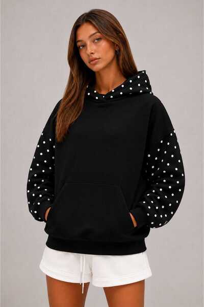 LG LAGULER Kadın Oversize Sweatshirt Hoodie Puantiye Kapüşonlu, Kanguru Cep, ...