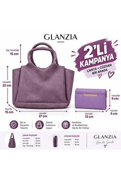 GLANZİA Kadın Çanta Cüzdan Seti 2'li Mürdüm Lila El Çantası