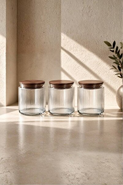 Sarina Glass 3’lü Bambu Vakum Kapaklı Cam Saklama Kavanozu Seti 1000 cc