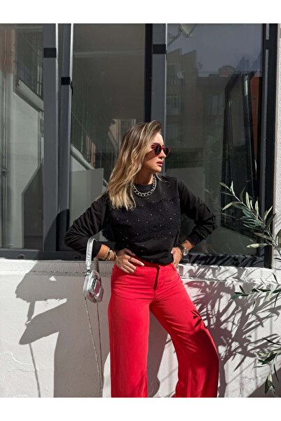 Zerrincan Giyim Siyah Dantelli Taşlı Sweatshirt