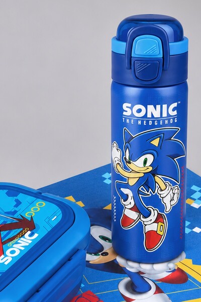 Sonic x Dekomus Lisanslı 600 ML Çift Fonksiyon Kapaklı Çelik Matara,Beslenme Kabı ve Beslenme Örtüsü Seti