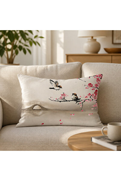 RemHome REM HOME Kiraz Çiçekleri ve Kuşlar Desenli Dekoratif Dikdörtgen Kırle...
