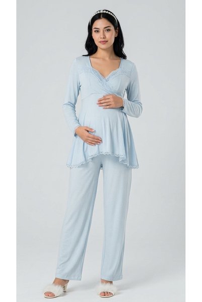 Taj Moda Kadın Dantel Detaylı Kruvaze Yaka 2'li Loğusa ve Hamile Pijama Takımı