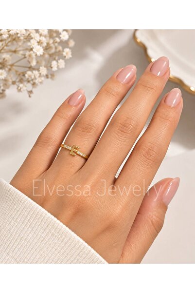 Elvessa Jewelry E Harfli Çelik, Taşlı Yüzük - Zarif Gold Renk