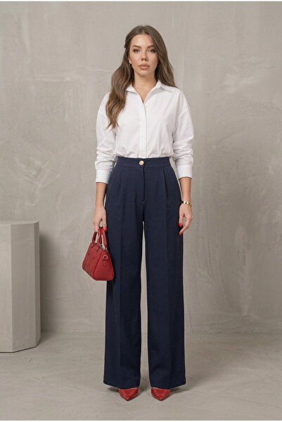 nutika Navy Blue High Waist Wide Leg Palazzo Trousers with Pockets Office Stylish Casual Classic Fabric Trousers