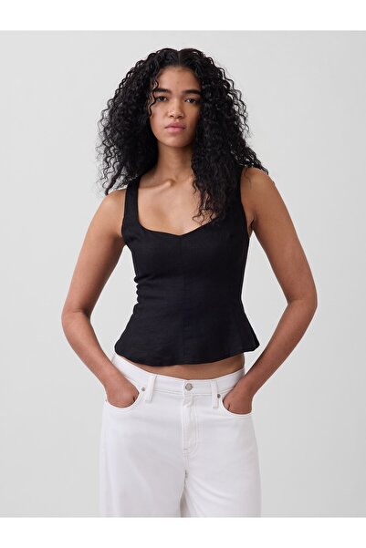 GAP Kadın Siyah Keten Karışımlı Peplum Bluz