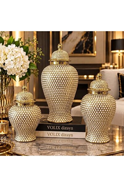 voliX Dizayn Dekoratif 3’lü Vazo Seti Gold Beyaz İnci Görünümlü Şık Salon Ev ...