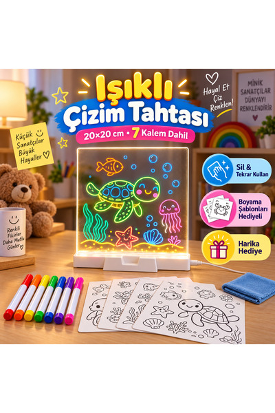 Vavdiyo LED Işıklı Çizim Tahtası 20x20 cm – 7 Renk Kalem Hediyeli, Silinebili...