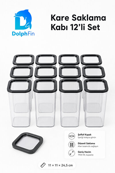 DolphFin Square Storage Container Set of 12 Black 1900 ml 11 × 11 × 24.5 cm