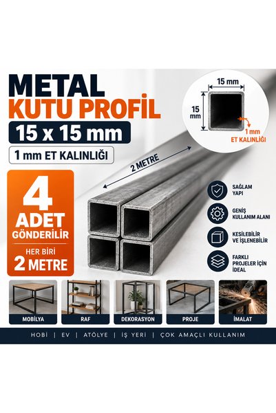Home 15x15 Kutu Profil 2 Metre 1 mm Et Kalınlığı Metal Kare Demir Profil 4 Adet