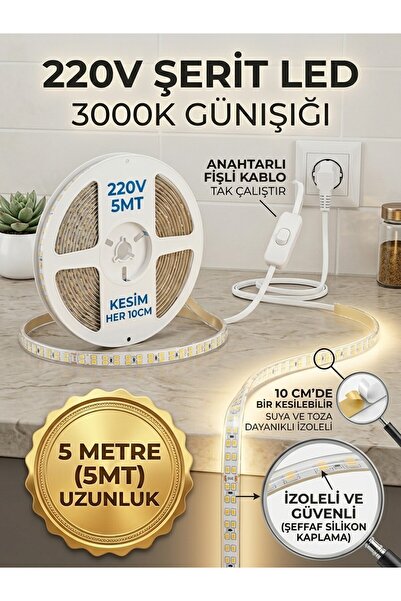ECONA 5 METRE 3000K-GÜNIŞIĞI 220V LED Şerit ,Tak Çalıştır Set, Fişli Anahtarl...