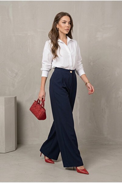 nutika Navy Blue High Waist Wide Leg Palazzo Trousers with Pockets Office Sty...