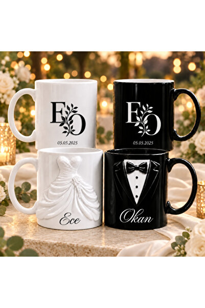 AION CASA Gelin Damat 2'li Kişiye Özel Tasarım Kupa Seti 2D Baskılı