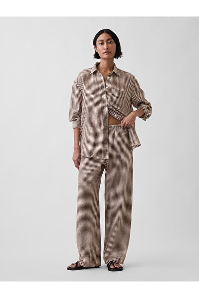 GAP Kadın Kahverengi Keten Karışımlı Easy Wide-Leg Pantolon