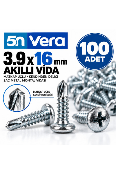 5N VERA 5N VERA 3.9x16 mm Akıllı Vida 100 Adet – Matkap Uçlu Kendinden Delici...