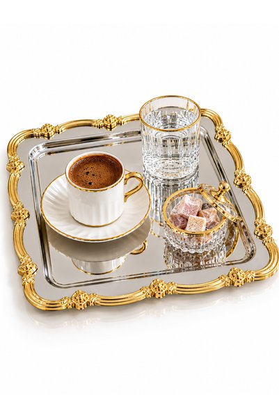 Mihremir Gold Detaylı Aynalı Kahve Sunum Tepsisi - isteme tepsisi