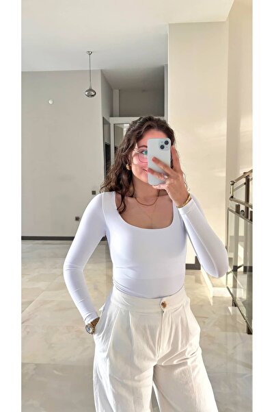Sude Kızanlıklı Sandy Fabric Square Collar Lycra Blouse