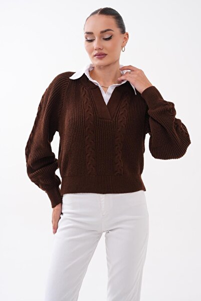 soi fashion Pulover tricotat Selanik cu detaliu guler tip cămașă