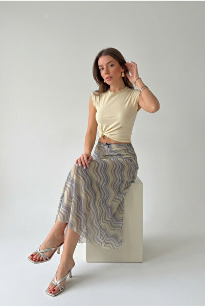 nutika Patterned Midi Tulle Skirt Wavy High Waist A-Line Stylish Summer Casual Skirt