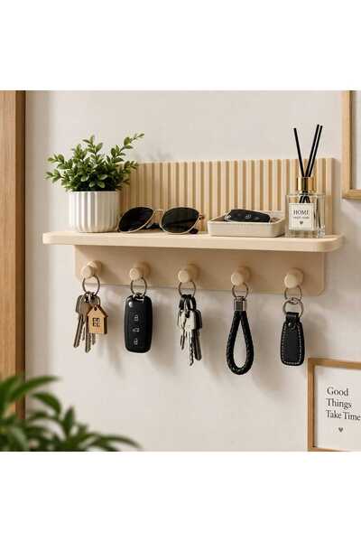 DERDENSE 5-Hook Wall-Mounted Key Holder and Decorative Shelf - Multi-Purpose Entryway Organizer
