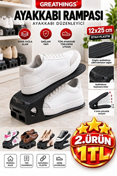 Greathings Siyah 12x25 cm Plastik Ayakkabı Rampası Ayarlanabilir Dolap İçi Ay...