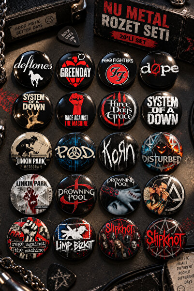 20'li 2000'ler Nu Metal Rozet Seti | Korn Linkin Park Slipknot System Of A Down ve Rock Grubu Rozetleri