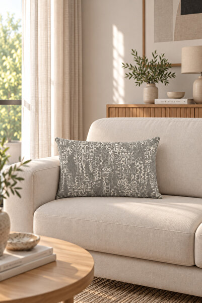 Aztek Bohem Dokuma Kırlent Kılıfı - Gri - 40x60 cm