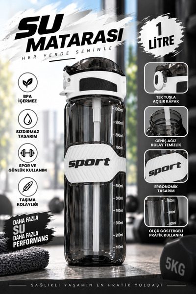 MGEStore Spor Su Matarası 1Lt Sızdırmaz Kapaklı Ölçü Göstergeli Büyük Boy Matara