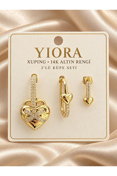 yiora Xuping 14K Altın Rengi Zirkon Taşlı Kalp Kilit Detaylı 3’lü Çoklu Delik...